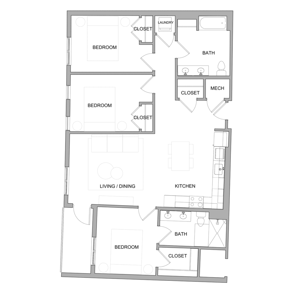 Type C1: 3 bedroom 2 bath Freemason