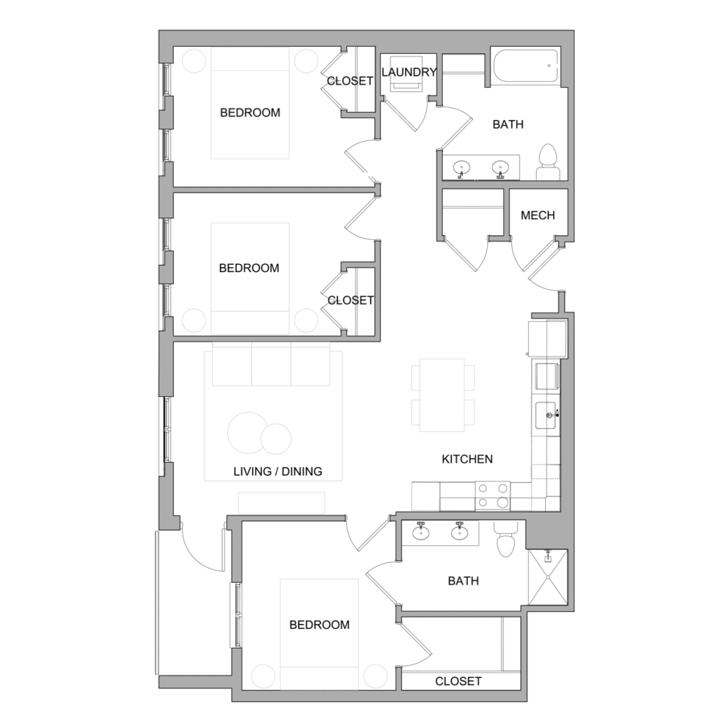Type C1: 3 bedroom 2 bath Church